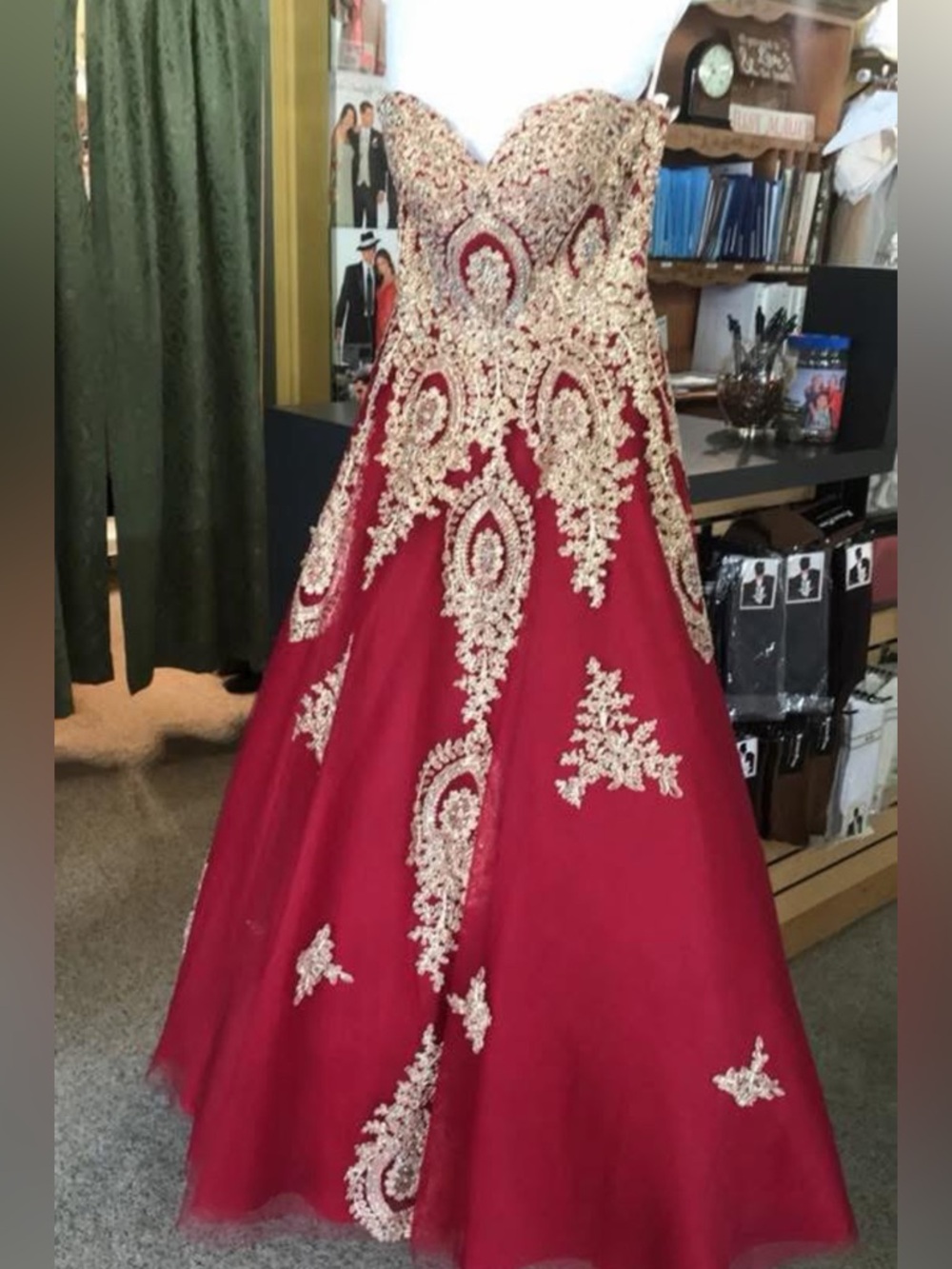 J.Elizabeth Burgundy Ball Gown with Gold Embroidery